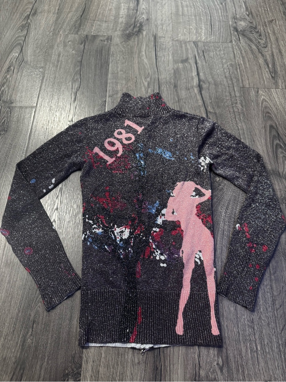 Guess Jeans Sparkle Knit Sweater in Black blue Red pink Accents vintage Y2K XS